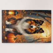 Shetland Sheepdog Oogstmaan Halloween Portret Legpuzzel (Horizontaal)