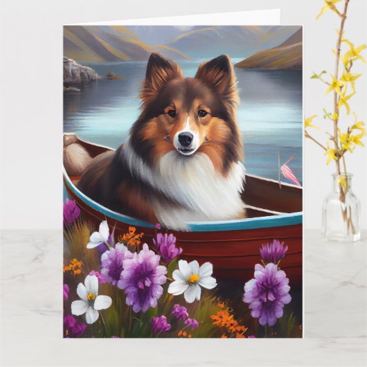 Shetland Sheepdog op een peddel: een Schilderachti Kaart (Gele Bloem)