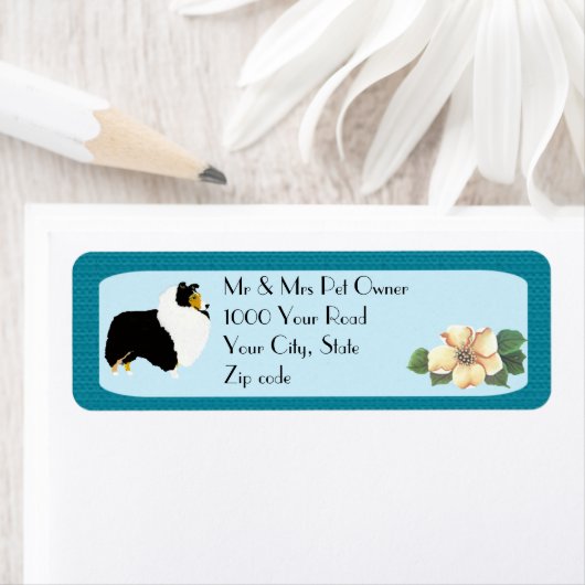 Shetland Sheepdog op Turquoise Floral Etiket (Insitu)