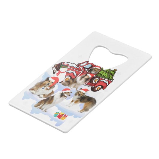 Shetland sheepdog op vliegende xmas kerst creditkaart flessenopener (Voorkant Gekanteld)