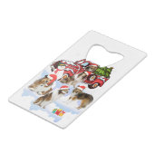 Shetland sheepdog op vliegende xmas kerst creditkaart flessenopener (Achterkant Gekanteld)