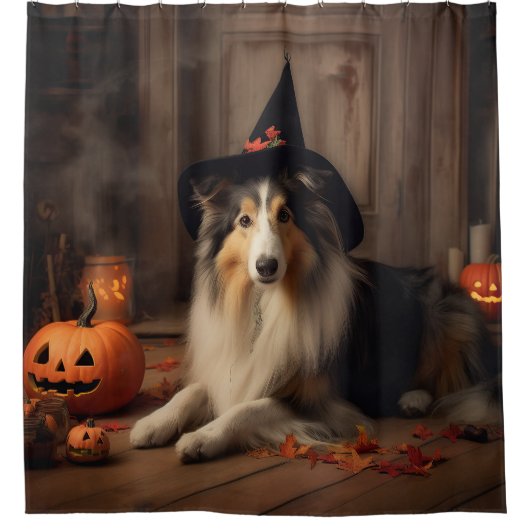 Shetland Sheepdog pompoenen Halloween eng Douchegordijn (Voorkant)