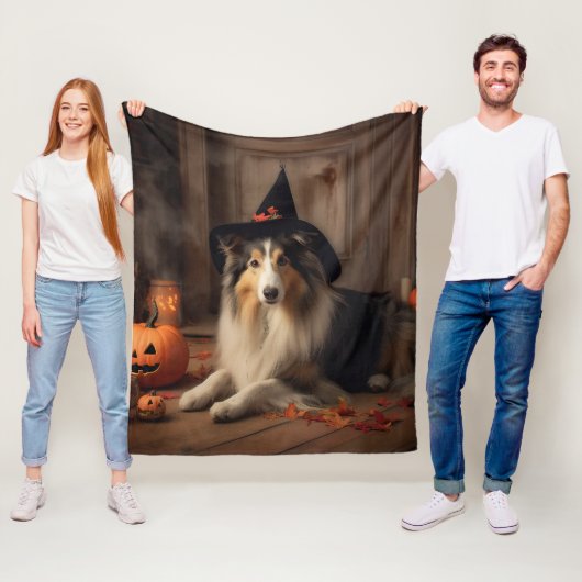 Shetland Sheepdog pompoenen Halloween eng Fleece Deken (In situ)