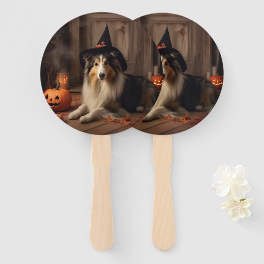 Shetland Sheepdog pompoenen Halloween eng Handwaaier (Voorkant en achterkant)