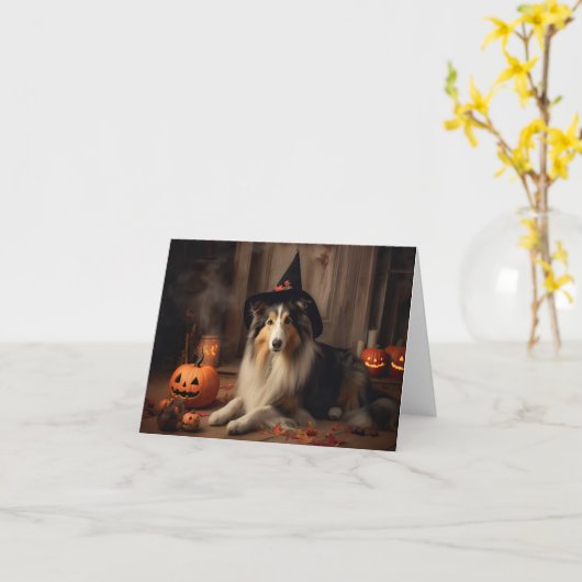 Shetland Sheepdog pompoenen Halloween eng Kaart (Gele Bloem)