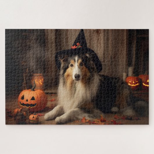 Shetland Sheepdog pompoenen Halloween eng Legpuzzel (Horizontaal)
