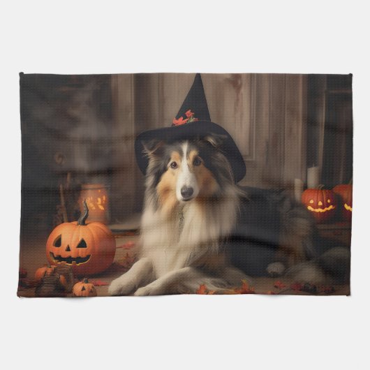Shetland Sheepdog pompoenen Halloween eng Theedoek (Horizontaal)