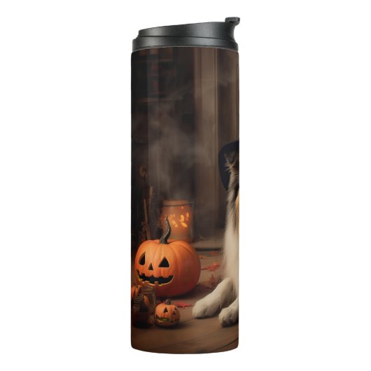 Shetland Sheepdog pompoenen Halloween eng Thermosbeker (Gedraaid links)