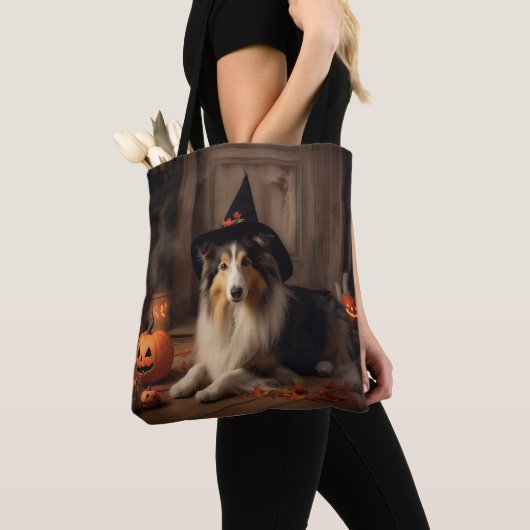Shetland Sheepdog pompoenen Halloween eng Tote Bag (Dichtbij)
