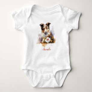 Shetland Sheepdog Pup Kleindier Waterverf Bloem Romper