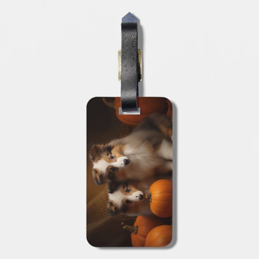 Shetland Sheepdog Puppy Herfst Delight Pompoen Bagagelabel (Achterkant verticaal)