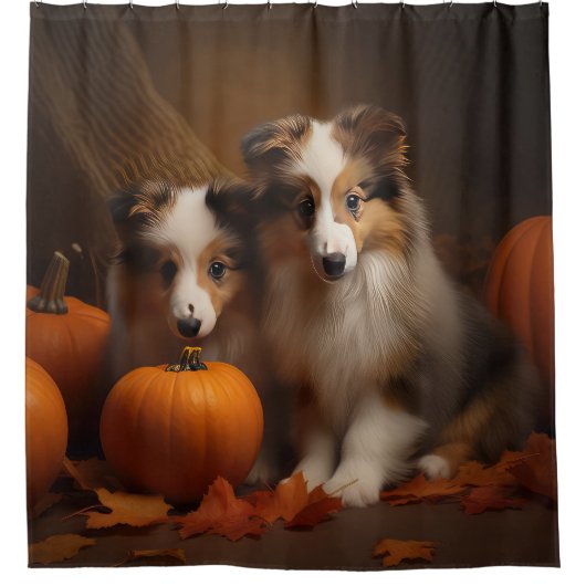 Shetland Sheepdog Puppy Herfst Delight Pompoen Douchegordijn (Voorkant)