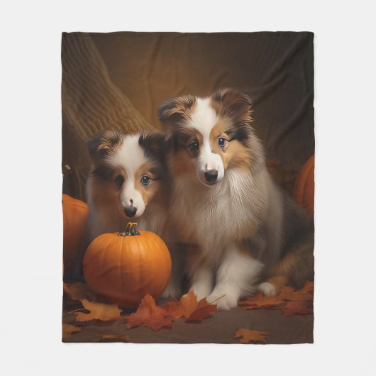 Shetland Sheepdog Puppy Herfst Delight Pompoen Fleece Deken (Voorkant)