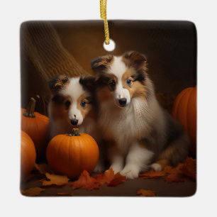 Shetland Sheepdog Puppy Herfst Delight Pompoen Keramisch Ornament