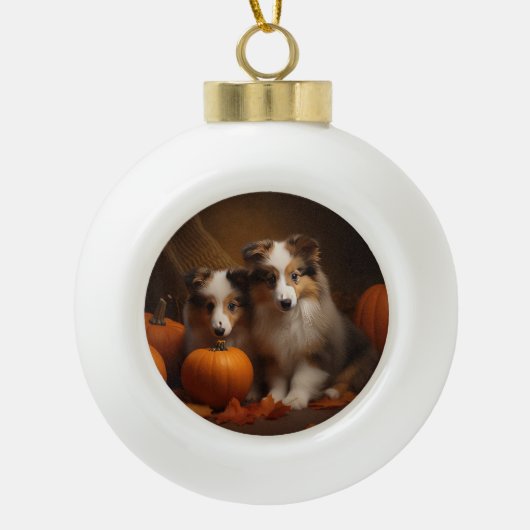 Shetland Sheepdog Puppy Herfst Delight Pompoen Keramische Bal Ornament (Voorkant)