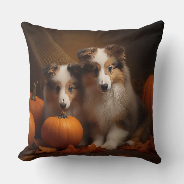 Shetland Sheepdog Puppy Herfst Delight Pompoen Kussen (Voorkant)