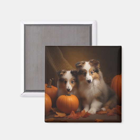 Shetland Sheepdog Puppy Herfst Delight Pompoen Magneet (Voorkant / Achterkant)