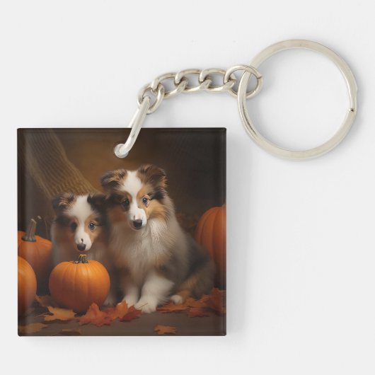 Shetland Sheepdog Puppy Herfst Delight Pompoen Sleutelhanger (Achterkant)