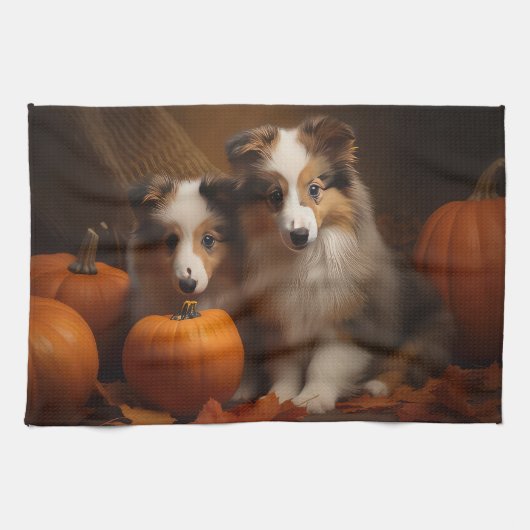 Shetland Sheepdog Puppy Herfst Delight Pompoen Theedoek (Horizontaal)