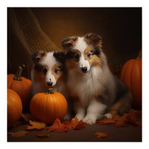Shetland Sheepdog Puppy Herfst Plezier Pompoen  Perfect Poster