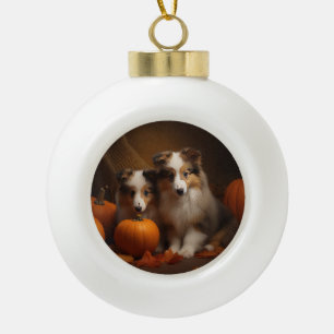 Shetland Sheepdog Puppy Herfstpracht Pompoen  Keramische Bal Ornament