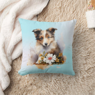 Shetland Sheepdog Puppy Huisdier Aquarel Bloem Kussen