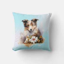 Shetland Sheepdog Puppy Huisdier Aquarel Bloem Kussen