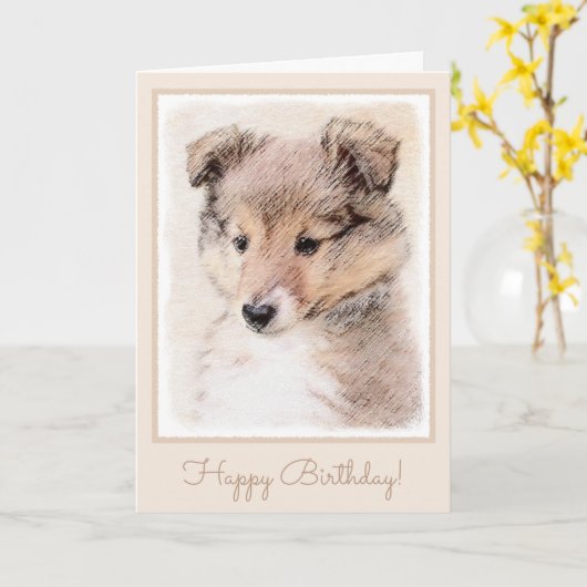 Shetland Sheepdog Puppy Painting Original Dog Art Kaart (Gele Bloem)
