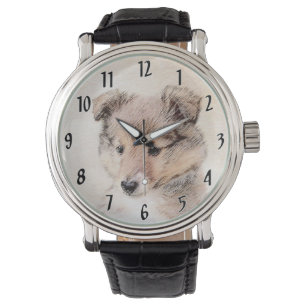 Shetland Sheepdog Puppy Pap Painting Original Dog Horloge