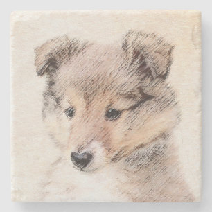 Shetland Sheepdog Puppy Pap Painting Original Dog  Stenen Onderzetter
