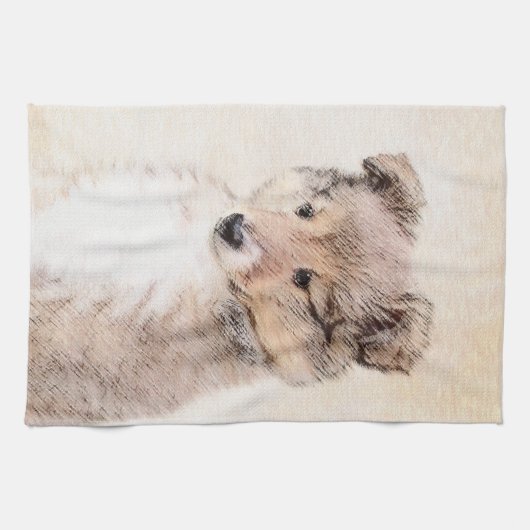 Shetland Sheepdog Puppy Pap Painting Original Dog Theedoek (Horizontaal)