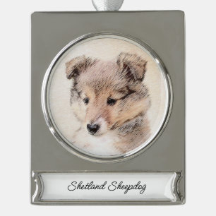 Shetland Sheepdog Puppy Pap Painting Original Dog  Verzilverd Banner Ornament
