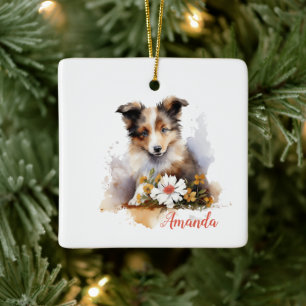 Shetland Sheepdog Puppy Pet Waterverf Flower Keramisch Ornament