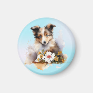 Shetland Sheepdog Puppy Pet Waterverf Flower Magneet