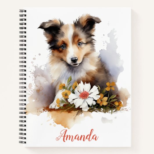 Shetland Sheepdog Puppy Pet Waterverf Flower Notitieboek (Voorkant)