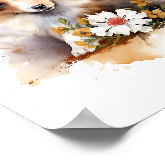 Shetland Sheepdog Puppy Pet Waterverf Flower Poster (Hoek)