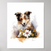Shetland Sheepdog Puppy Pet Waterverf Flower Poster (Voorkant)