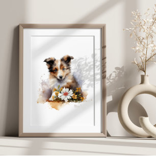Shetland Sheepdog Puppy Pet Waterverf Flower Poster