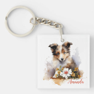 Shetland Sheepdog Puppy Pet Waterverf Flower Sleutelhanger