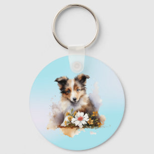Shetland Sheepdog Puppy Pet Waterverf Flower Sleutelhanger