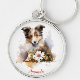 Shetland Sheepdog Puppy Pet Waterverf Flower Sleutelhanger
