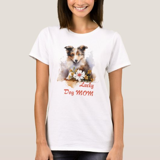 Shetland Sheepdog Puppy Pet Waterverf Flower T-shirt (Voorkant)