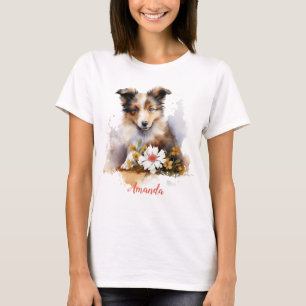 Shetland Sheepdog Puppy Pet Waterverf Flower T-shirt