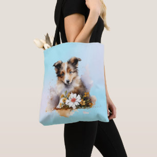 Shetland Sheepdog Puppy Pet Waterverf Flower Tote Bag