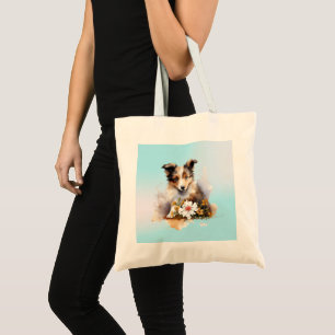 Shetland Sheepdog Puppy Pet Waterverf Flower Tote Bag