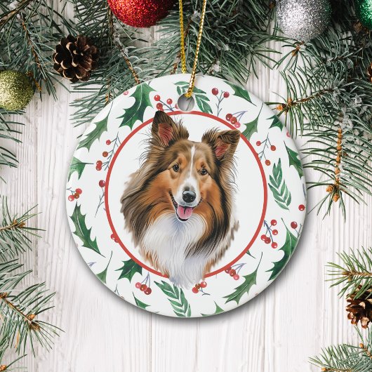 Shetland Sheepdog Red Berry Holly Border keramiek Keramisch Ornament