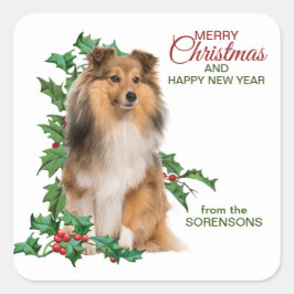 Shetland Sheepdog Red Berry Holly Kerstmis Vierkante Sticker