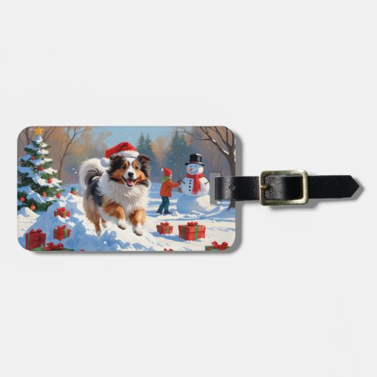 Shetland Sheepdog Rent Sneeuw Met Kerstmuts Bagagelabel (Voorkant horizontaal)