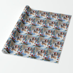 Shetland Sheepdog Rent Sneeuw Met Kerstmuts Cadeaupapier