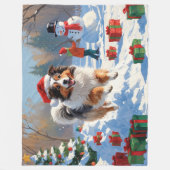 Shetland Sheepdog Rent Sneeuw Met Kerstmuts Fleece Deken (Voorkant)